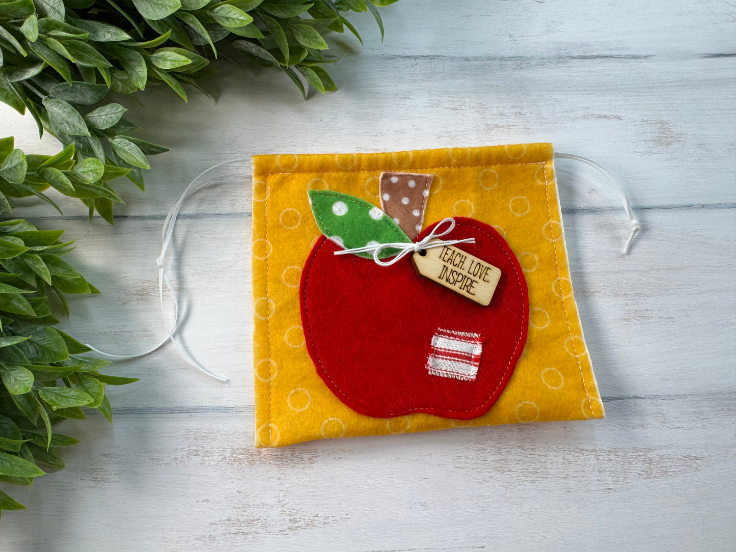 Apple on yellow felt mini gift bag