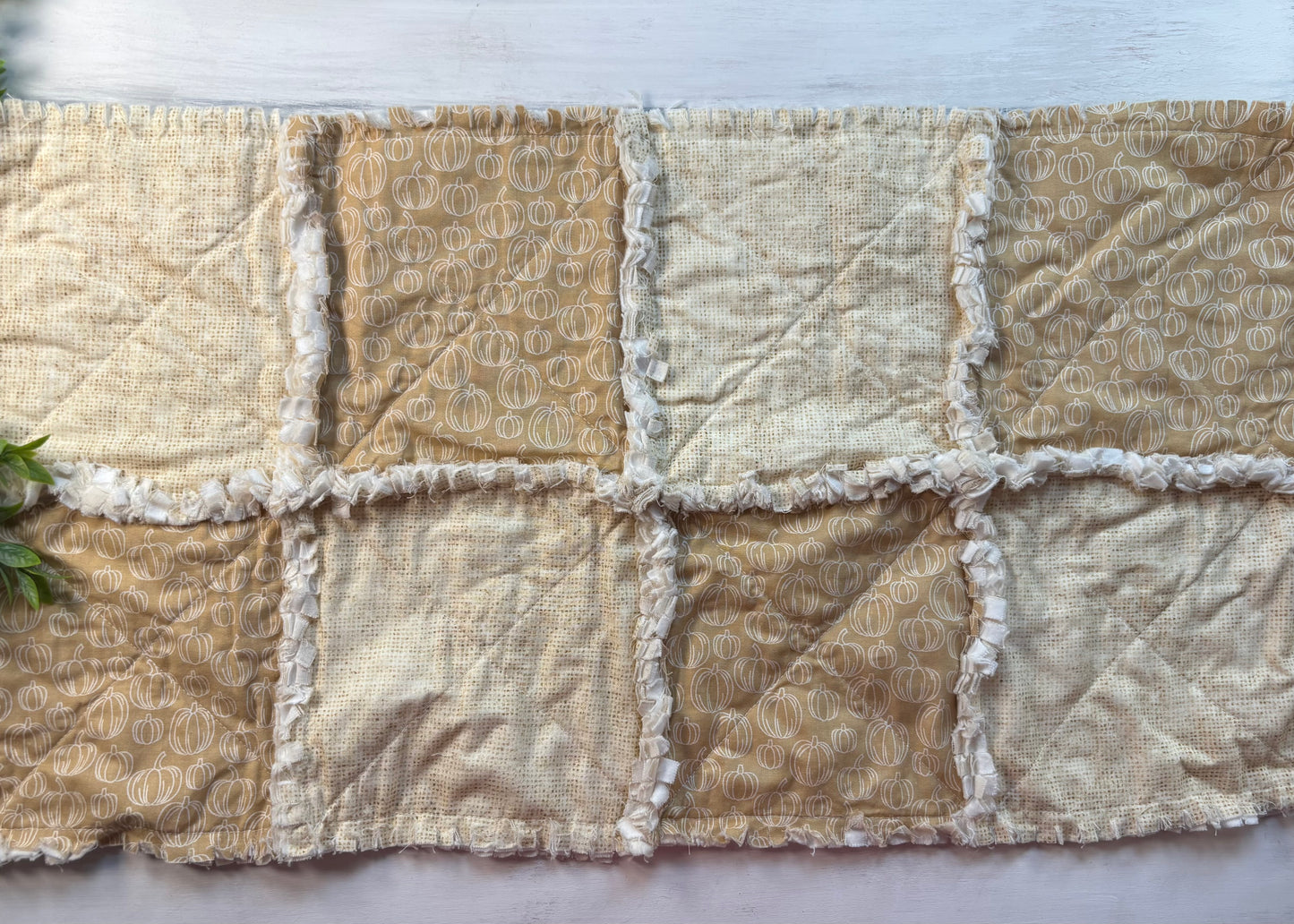 Neutral pumpkins rag quilted table runner 24”