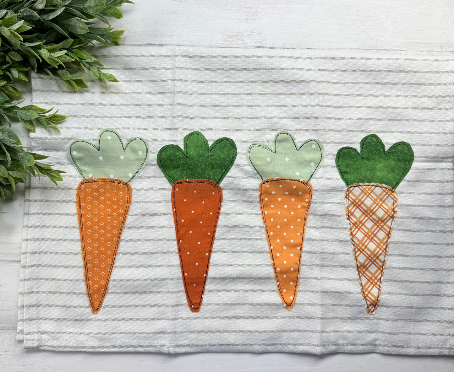 Carrots appliqué stitched tea towel
