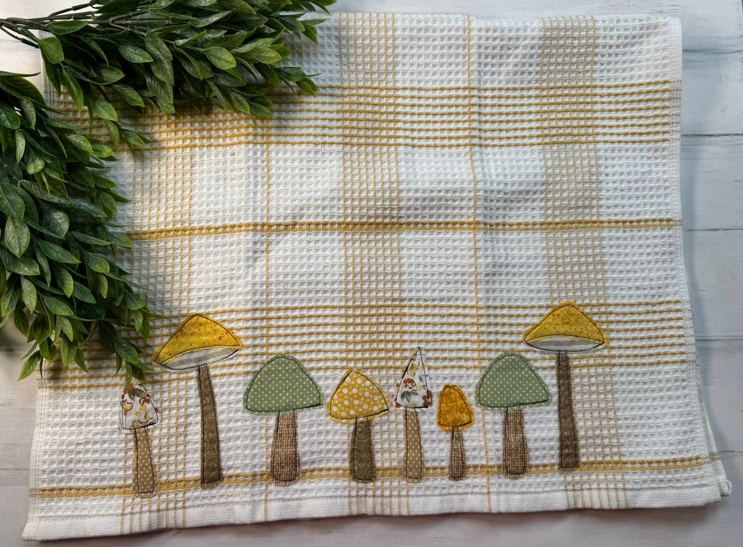 Mushroom scene tea towel