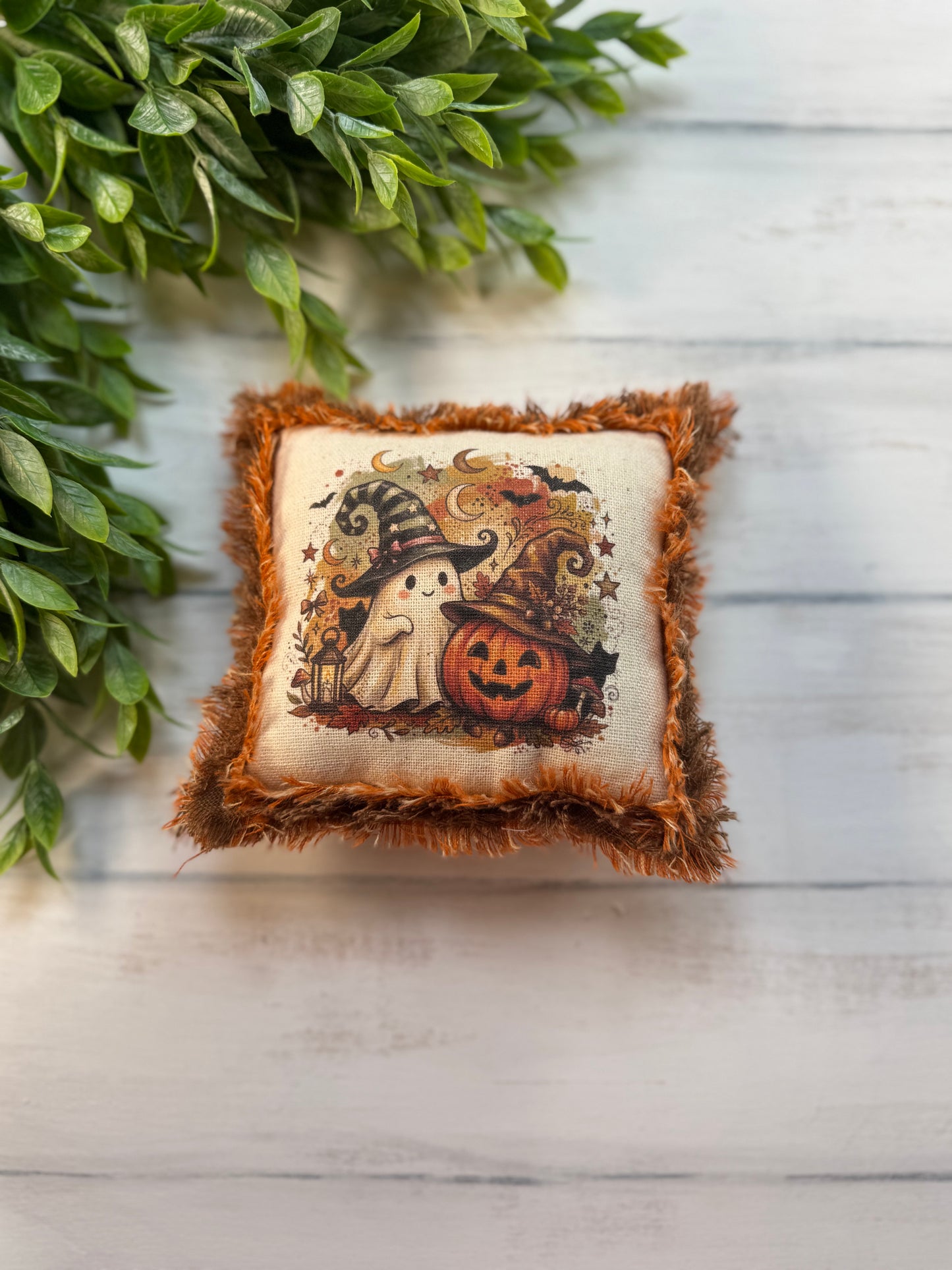 Ghost & pumpkin framed 5” mini pillow