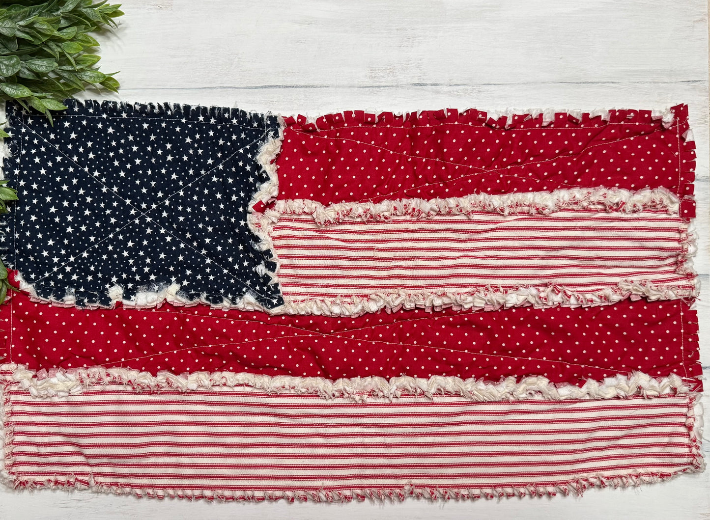 Patriotic flag rag quilted table runner