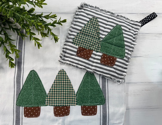Green trees tea towel & potholder set