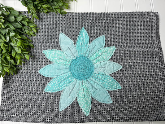 Sunflower in Aqua stitched tea towel