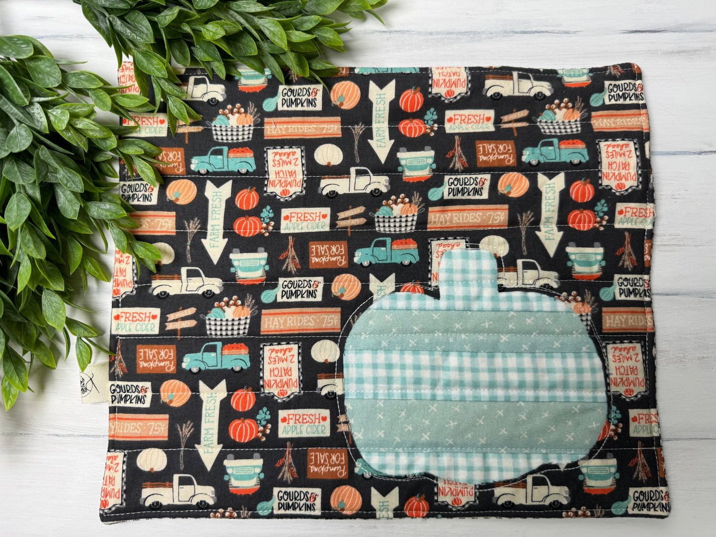 Teal scrappy pumpkin fall quilted trivet