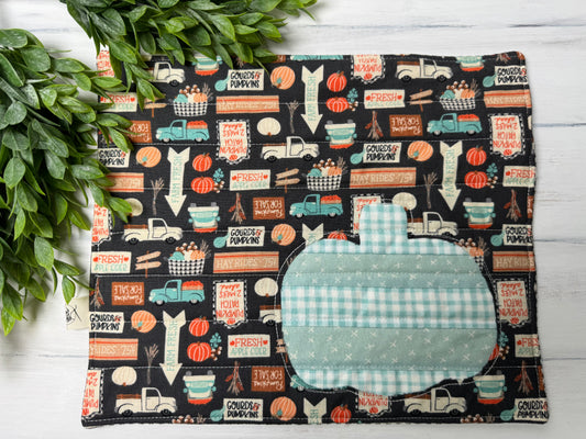 Teal scrappy pumpkin fall quilted trivet