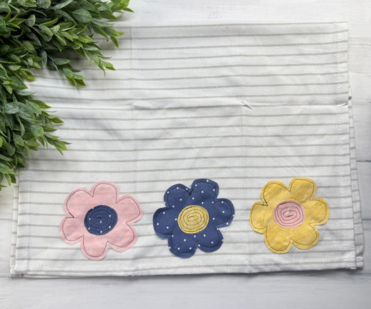 Flower appliqué stitched tea towel