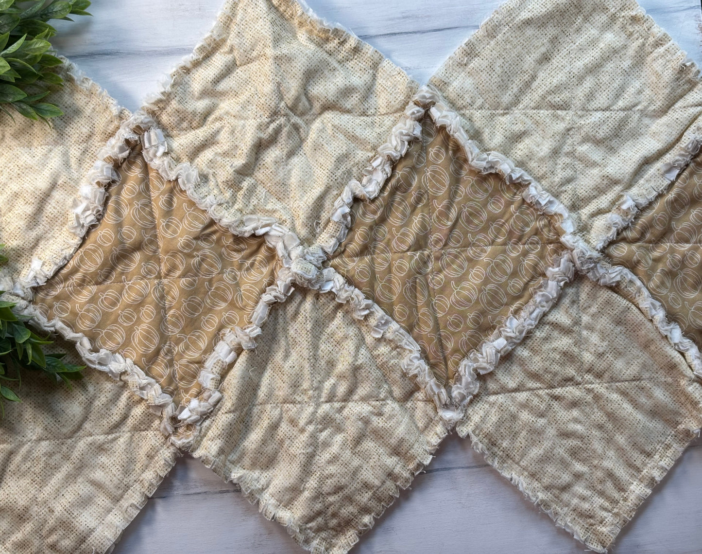Neutral pumpkins angled rag quilted table runner 24”