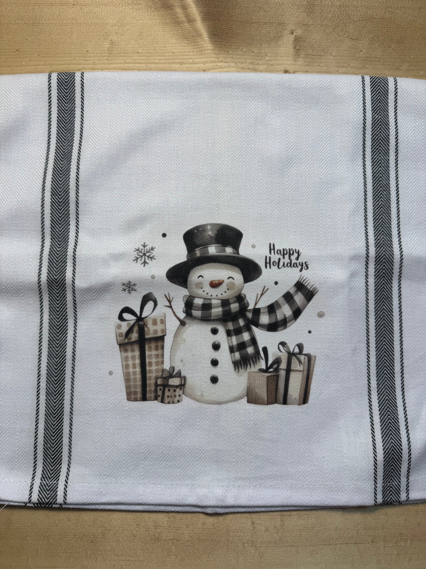 Happy holidays snowman tea towel