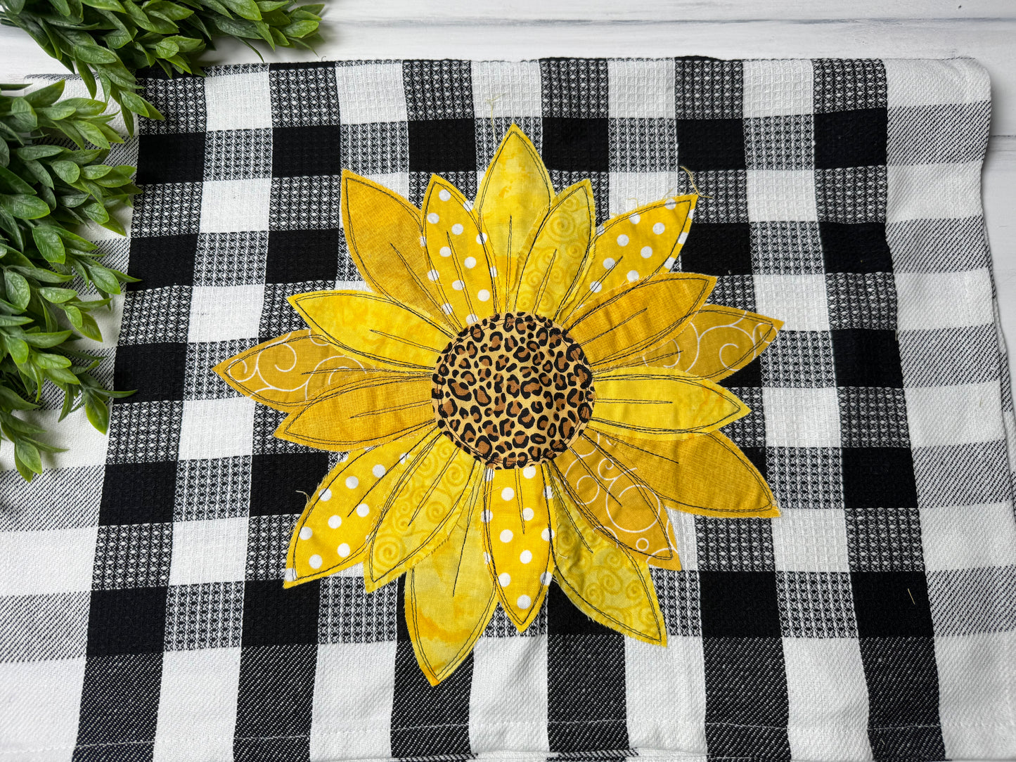 Sunflower with leopard stitched tea towel