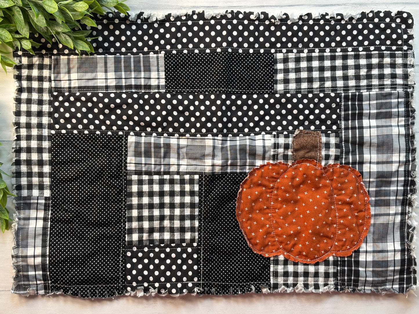 Scrappy rag edged table runner 18”