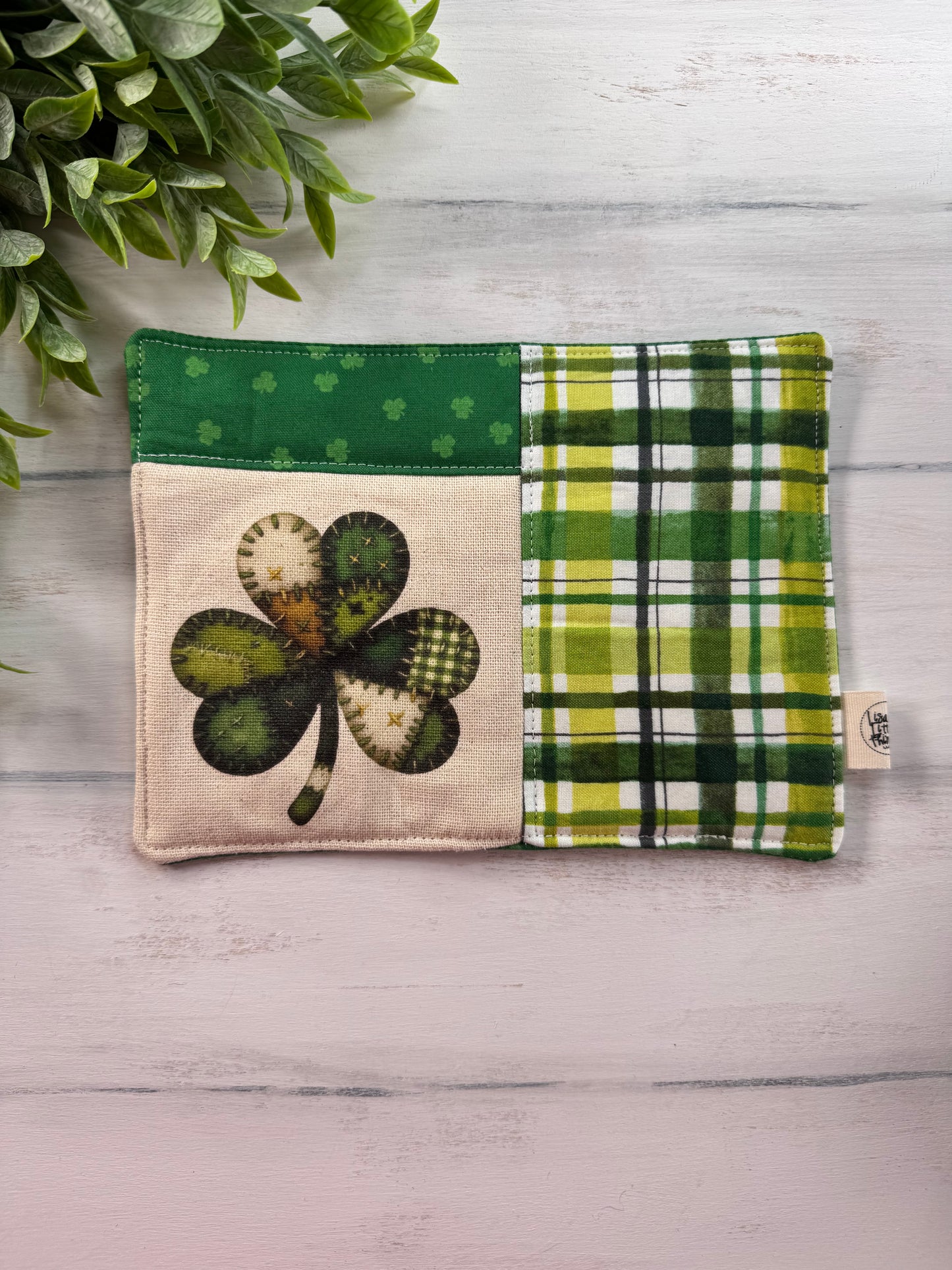 Patchwork shamrock mug rug