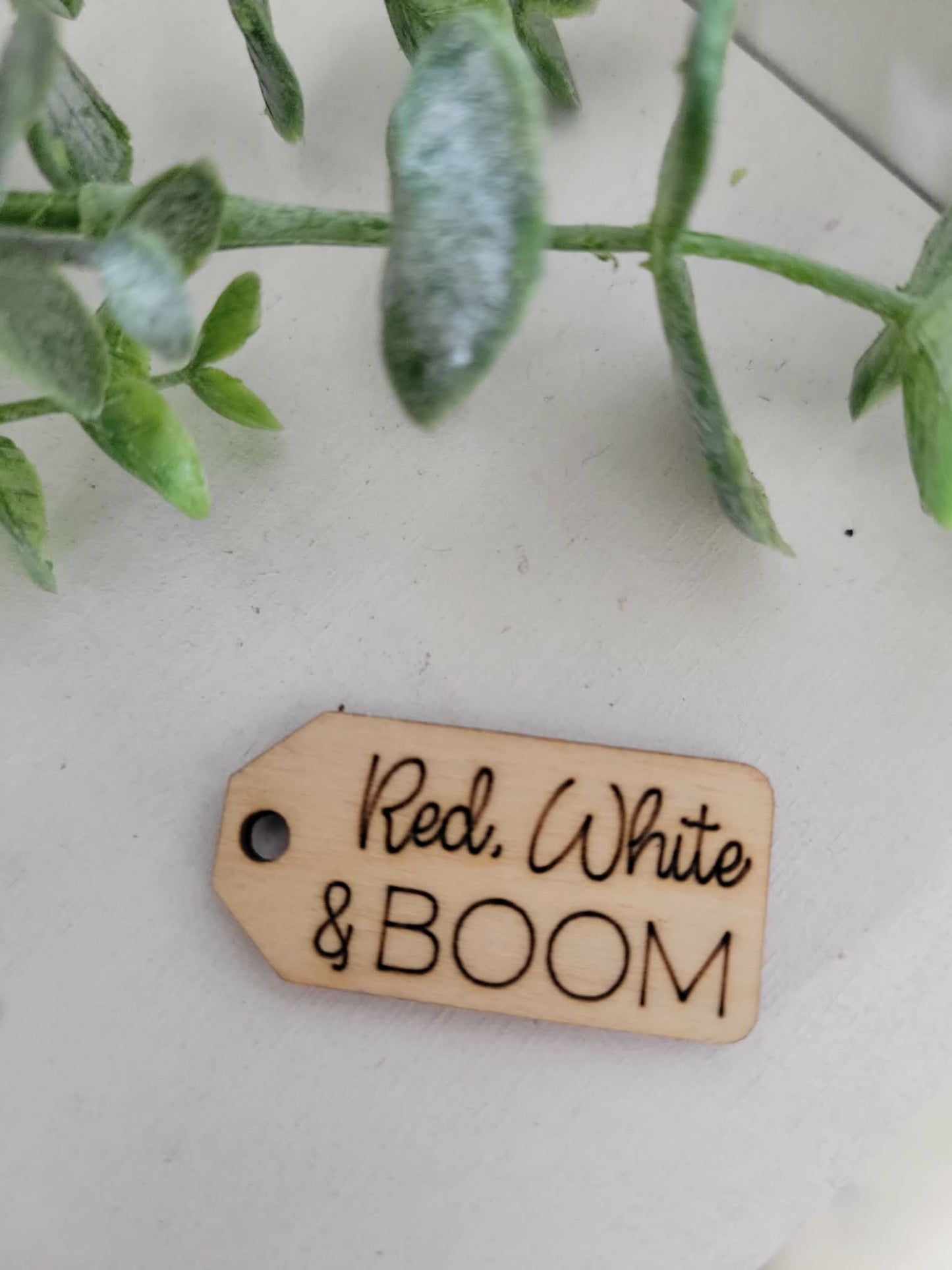 Red white & boom wooden tag