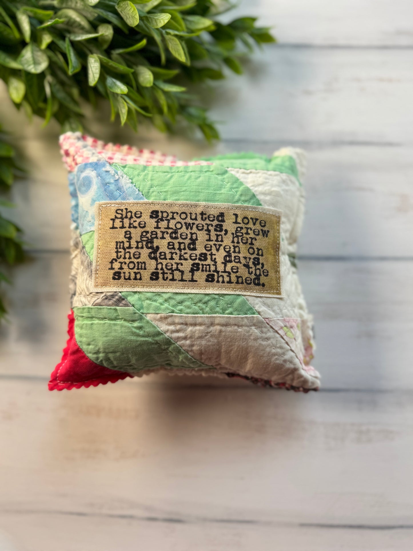 She sprouted vintage quilt 6” pillow