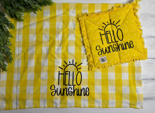 Hello sunshine tea towel & pocket holder set