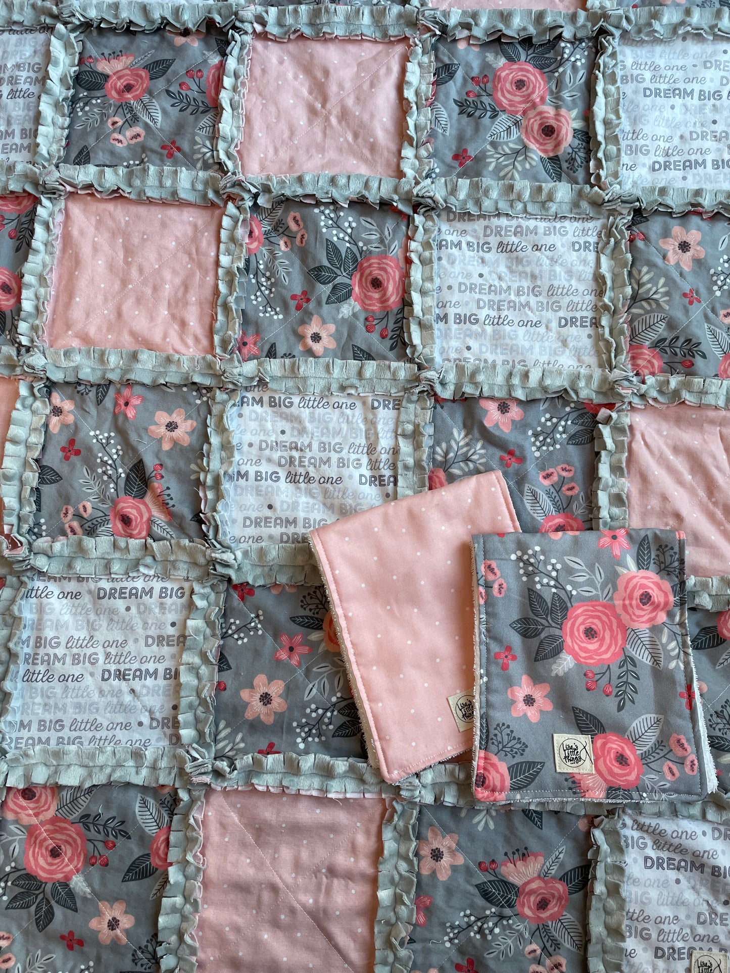 Gray and coral floral 30" X 36" baby rag quilt and burp cloth set