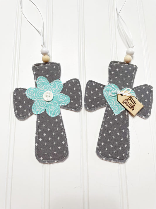 Gray cross with aqua accents ornament