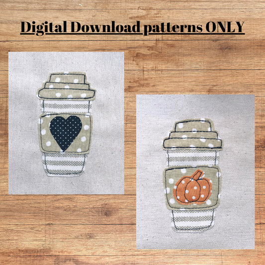 Pumpkin and regular coffee cup applique patterns in 4 sizes