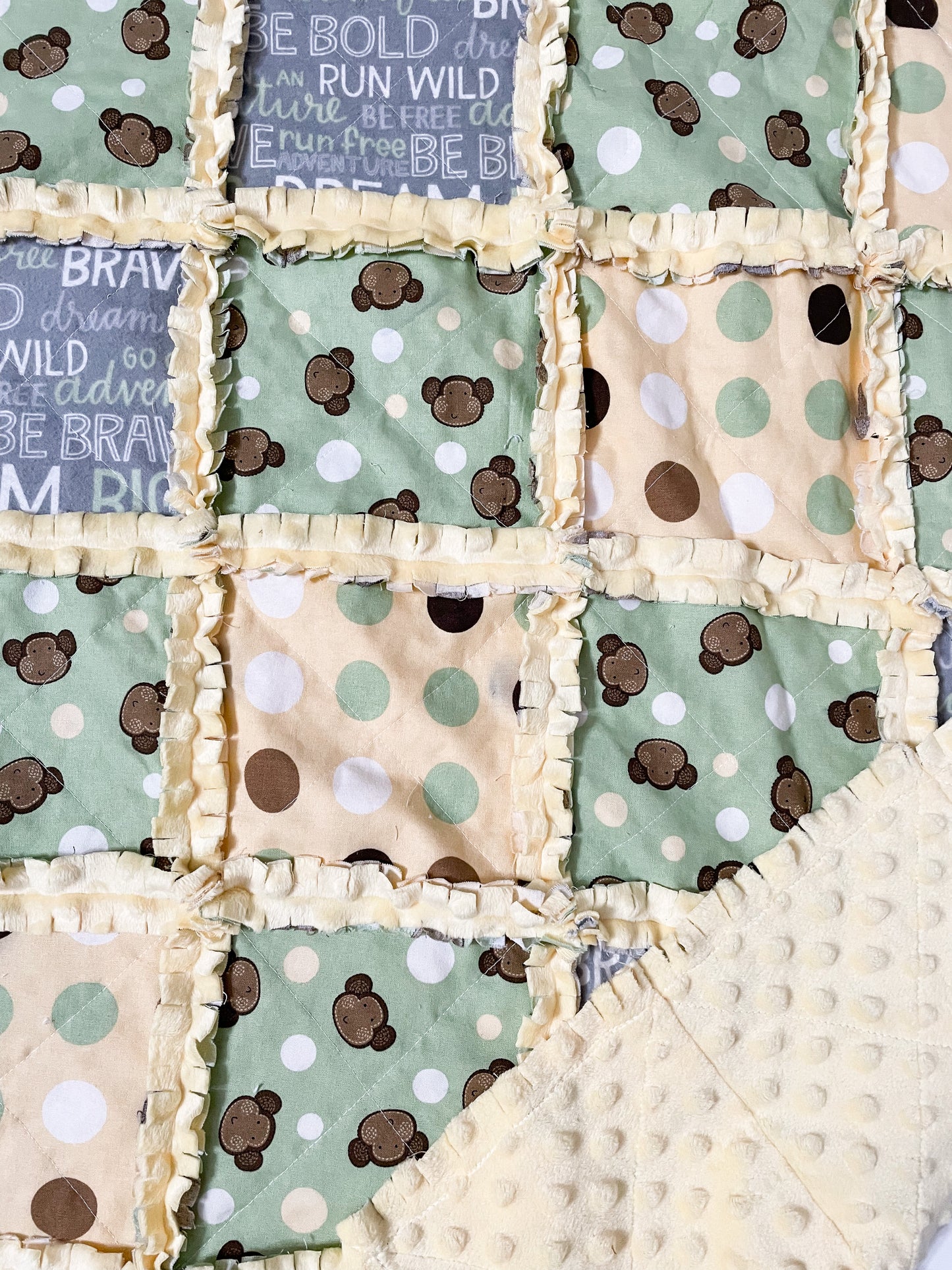 Monkey 30" X 36" baby rag quilt with minky backing