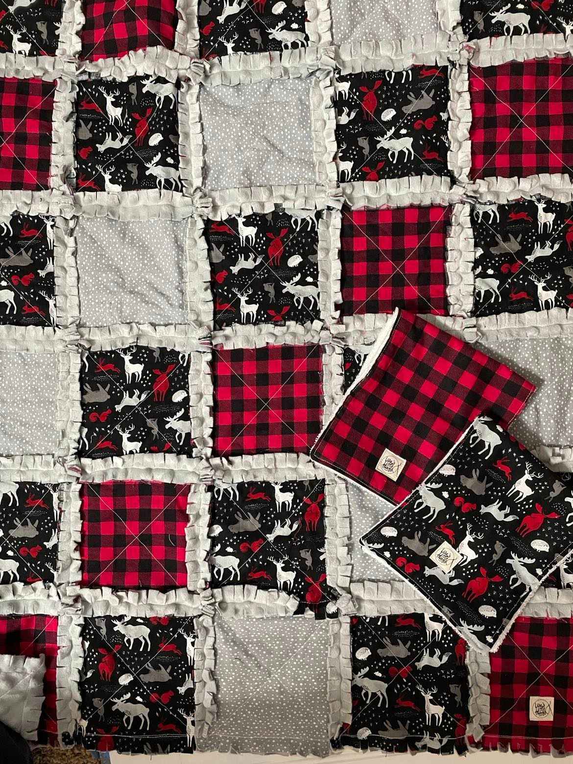 Red and black woodland 30" X 36" baby rag quilt and burp cloth set